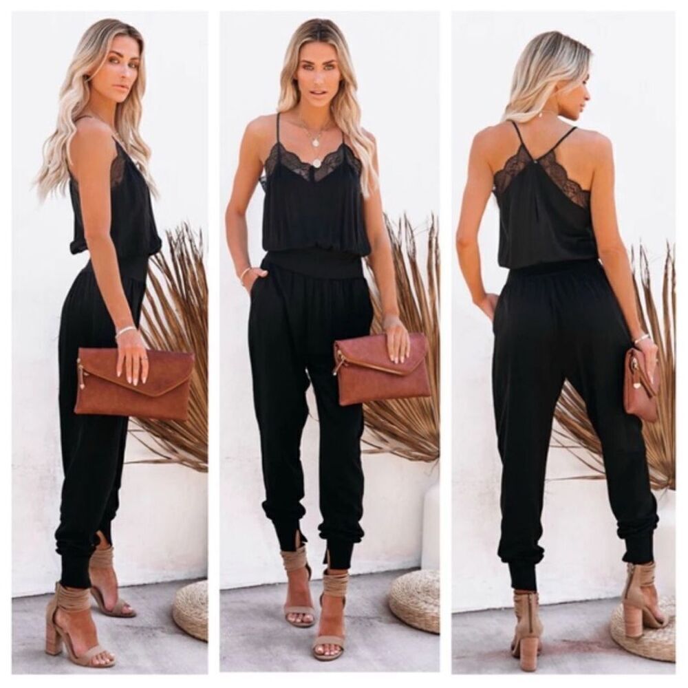 Vici Kaylie Tencel Pocketed Lace Cami Jumpsuit Black Size Medium